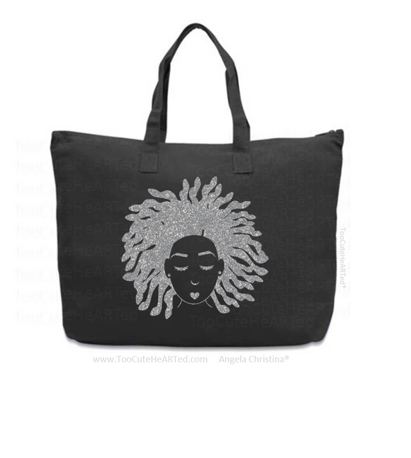 Glitter XL Overnight Tote-Locs on Shine-(Platinum on Blk)